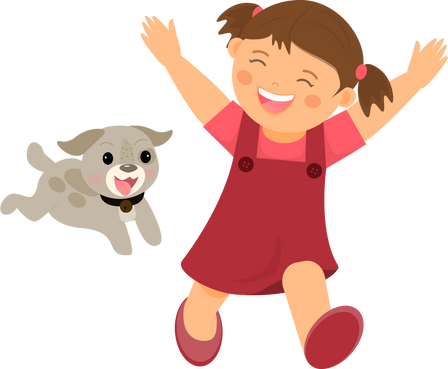Girl and dogs running and playing together.